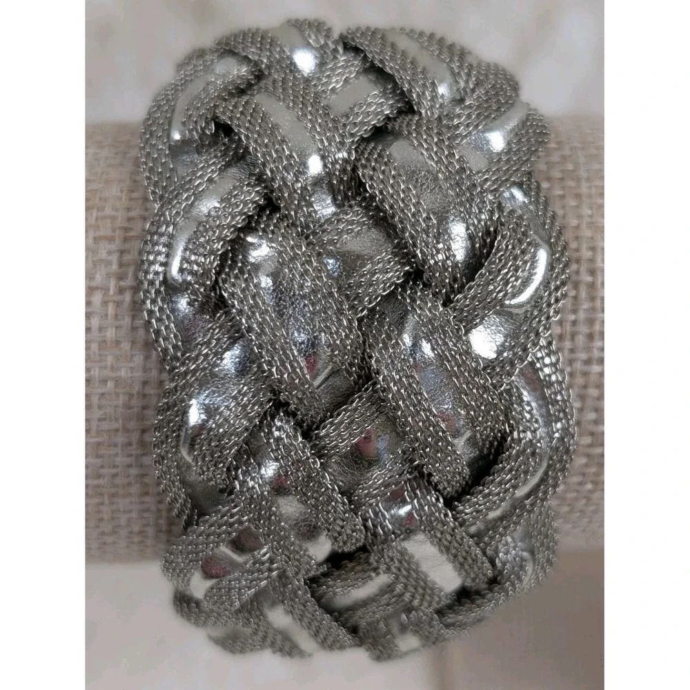 Silver‎ Tone Braided Mesh Statement Bracelet Magnetic Clasp Woven Cuff